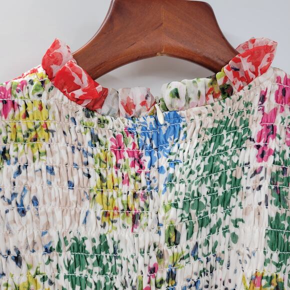 AQUA Womens‎ Dress S Cream Blue Floral Smocked Ruffle Trim Long Sleeve Mini - Picture 3 of 14